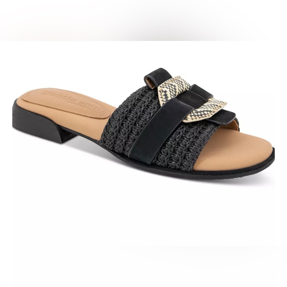 Gentle Souls by Kenneth Cole Women's Hudson Flat Sandal, Black Raffia, 6M New